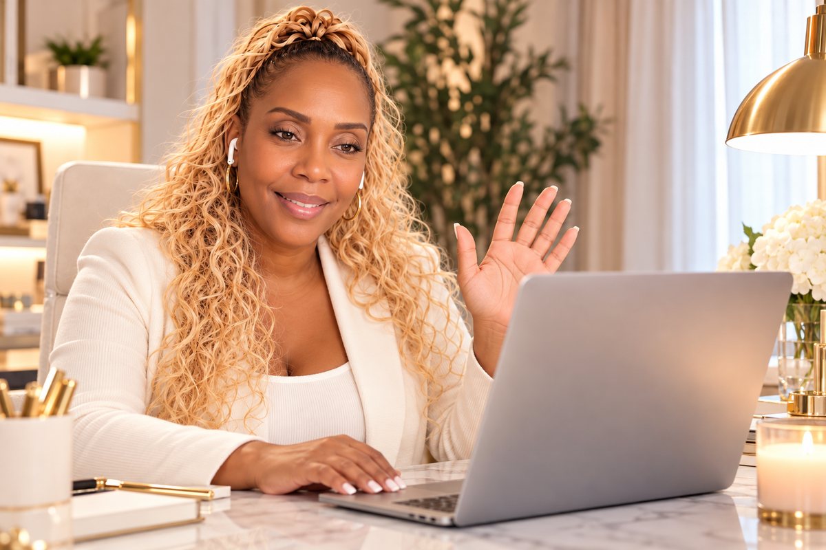 Cheryl, founder of Cheryl On Lux, waving hello while hosting a live call for The Lux Rest Collective.